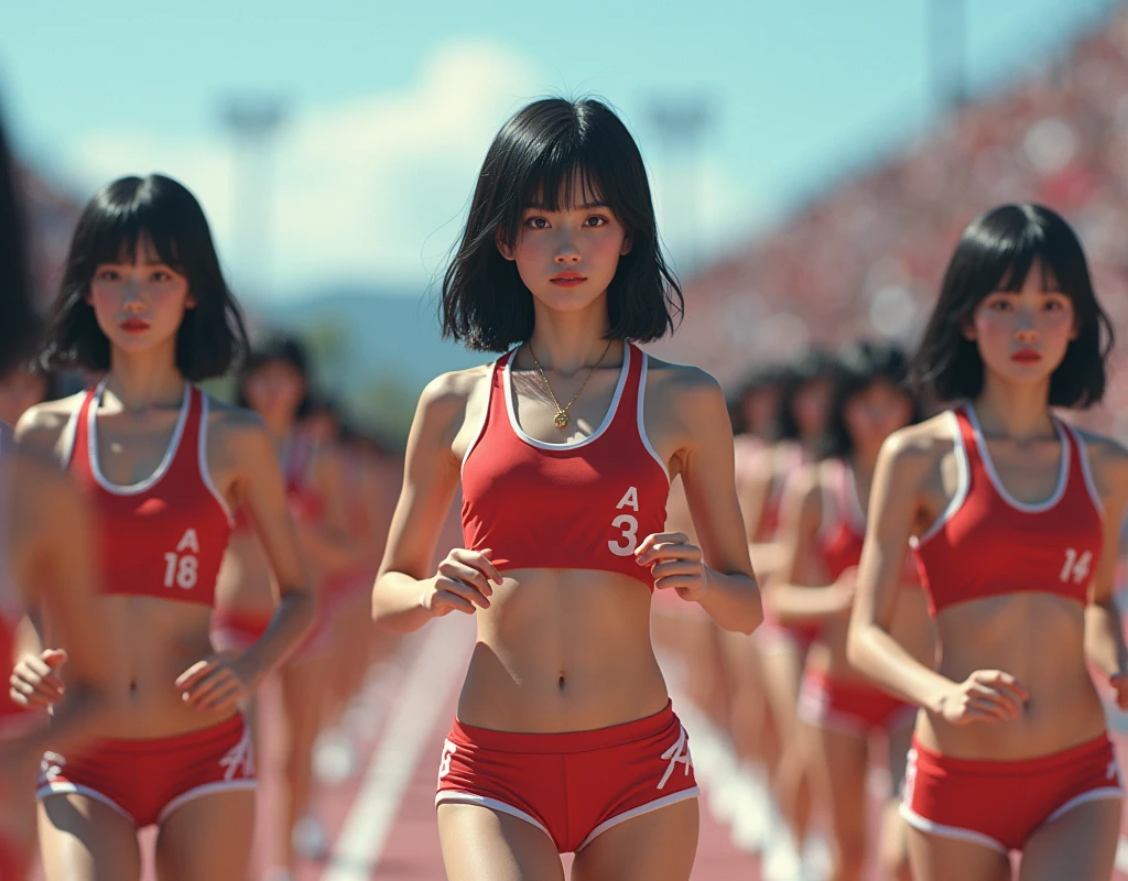 (No need for a center subject in the foreground), (Japanese Clone-girls=Myself), (Super Best masterpiece Clone-girls Raw Photography Art), (16K, Highest quality, Ultra-high resolution, RAW Photos), (It's so unrealistic., With unparalleled depiction, With an unfathomable sight, An unprecedented and shocking worldview, Clone-girls: In a world of mass reproduction, Ultra-realistic depiction), (Japanese Girls, Hamabe-Minami, 16yo), (Small face, Thick black hair, Short Hair, Dark Eyes, Mature face, Cute Smile), (Serious expression), (Very beautiful and detailed girl, Accurate body structure, Accurate body movements, Very detailed body), (Super big breasts, Large bulge of ample breasts), (Track and field uniforms, Emphasise the fullness of your breasts), (Very detailed, Myself cloning, Depiction of splitting oneself, 1Myself girl→1,000,000,000,000,000,000,000,000,000,000Myself cloning girls), (Myself clone girlsは, With the same perfect appearance, to multiply in large numbers), (Very detailed depiction, Myself's multiplying female body, In the same female body,With the same face, With the same hairstyle, In the same clothes, At the same height, 同じSuper big breastsで, A completely indistinguishable female body, 1,000,000,000,000,000,000,000,000,000,000 people), (Myself girls only), (1,000,000,000,000,000,000,000,000,000,000Myself girls), Women's Marathon, Running depiction, Several groups formed, A crowd of cheerers along the route, The players and the support are all mine