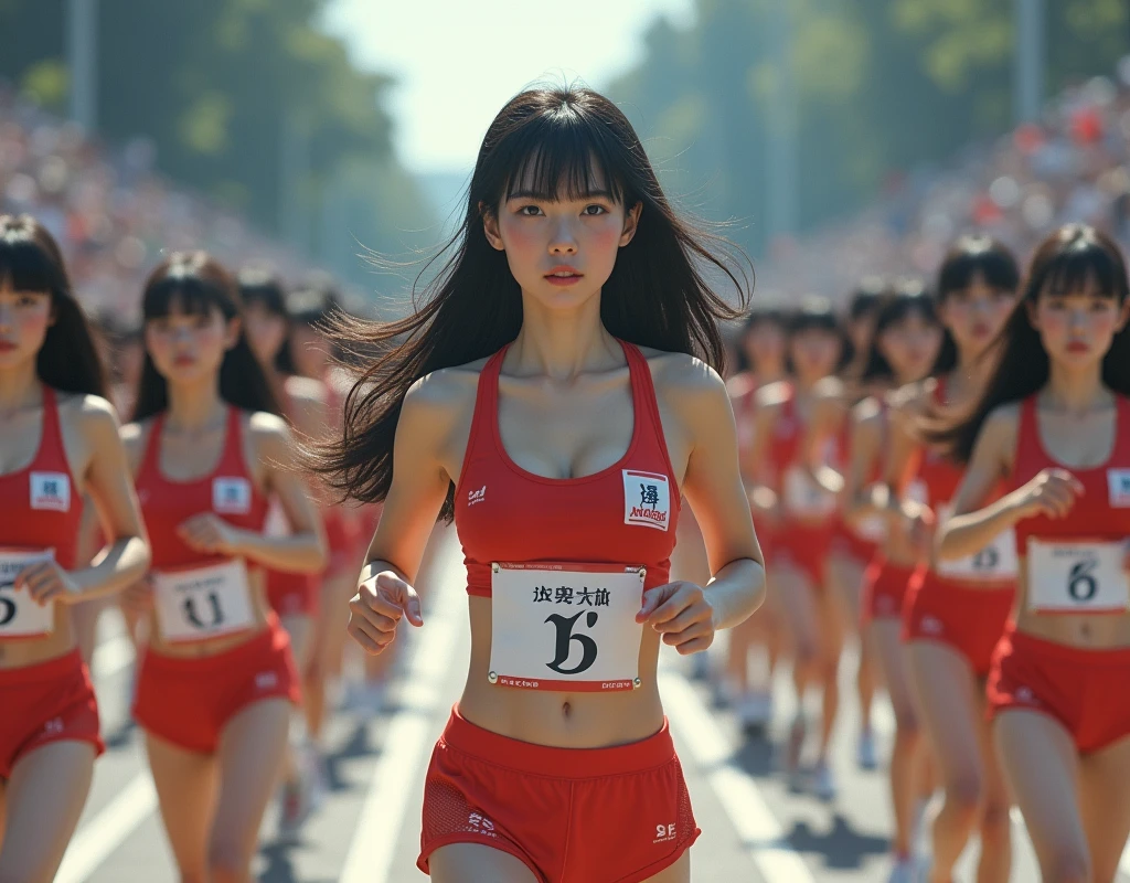 (No need for a center subject in the foreground), (Japanese Clone-girls=Myself), (Super Best masterpiece Clone-girls Raw Photography Art), (16K, Highest quality, Ultra-high resolution, RAW Photos), (It's so unrealistic., With unparalleled depiction, With an unfathomable sight, An unprecedented and shocking worldview, Clone-girls: In a world of mass reproduction, Ultra-realistic depiction), (Japanese Girls, Hamabe-Minami, ), (Small face, Thick black hair, Short Hair, Dark Eyes, Mature face, Cute Smile), (Serious expression), (Very beautiful and detailed girl, Accurate body structure, Accurate body movements, Very detailed body), (Super big breasts, Large bulge of ample breasts), (Track and field uniforms, Emphasise the fullness of your breasts), (Very detailed, Myself cloning, Depiction of splitting oneself, 1Myself girl→1,000,000,000,000,000,000,000,000,000,000Myself cloning girls), (Myself clone girlsは, With the same perfect appearance, to multiply in large numbers), (Very detailed depiction, Myself's multiplying female body, In the same female body,With the same face, With the same hairstyle, In the same clothes, At the same height, 同じSuper big breastsで, A completely indistinguishable female body, 1,000,000,000,000,000,000,000,000,000,000 people), (Myself girls only), (1,000,000,000,000,000,000,000,000,000,000Myself girls), Women's Marathon, Running depiction, Several groups formed, A crowd of cheerers along the route, The players and the support are all mine