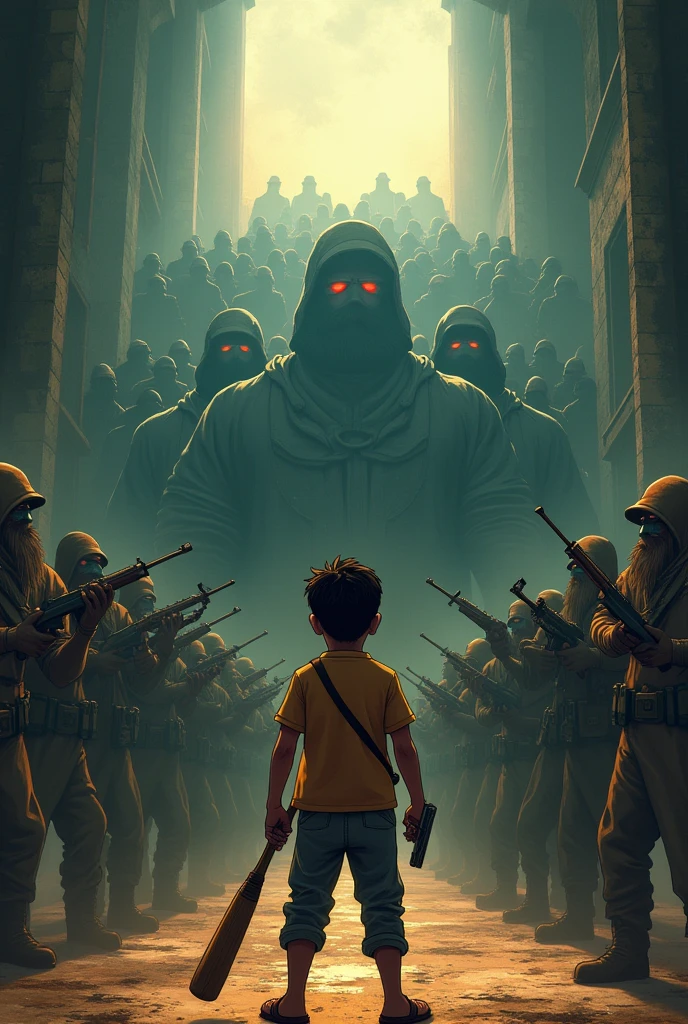 An indian boy stand in front of 1000 gangster with a bat and gun
Animated