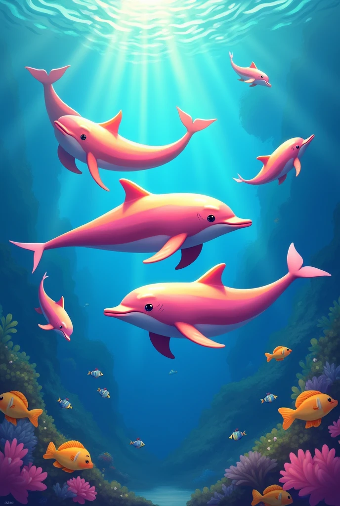 pink, yellow dolphins swimming under the sea, bright color, a lot of fish, digital painting