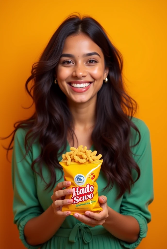 A young Indian woman with long dark hair wearing a green dress, holding a bag of Bingo snacks and smiling at the camera against an orange background dress colour change