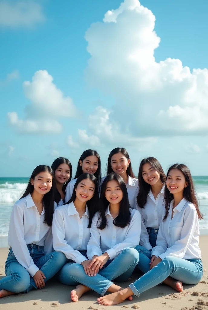 professional photography there are 8 beautiful Indonesian women, who wears a white shirt , jeans, in tune sitting , with the background on the beach with the attractive lapping of the waves and bright blue clouds. fullHD, ultrahd+ , Earth's atmosphere,realistic, looks authentic, dramatic scene, must be detailed