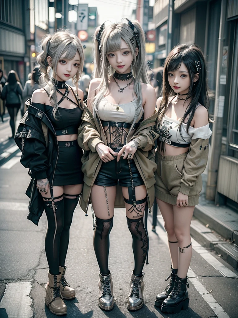 (Three Girls, Three Girls:1.5)、(Smiling with teeth showing:1.3),(Shibuya Gal:1.5)、(Beautiful gravure model:1.5)、(Neo-Goth Fashion:1.5)、(Punk rock visual kei:1.5)、(Olive and beige off-the-shoulder hoodie, Adorned with delicate silver jewelry.:1.5)、(Beige and white corset with delicate design:1.4)、(Olive and white snakeskin bodysuit:1.5)、(head band:1.3)、(Beige and olive knee socks:1.4)、Embellished collar and long boots、(I&#39;m Snake print underwear for sale.:1.4)、(Long eyelashes:1.3)、(20-year-old)、((Highest quality、8k、masterpiece:1.3))、Slim and beautiful abs:1.3、(Hairstyle Casual、Beautiful boobs:1.1)、(Doing an aerobics pose:1.3)、dress:1.1、Super small face、Narrow eyes、double eyelid、A sloppy smile、Full Body Evian、Dynamic Angle、close、CPL Filter、Blurred Background、Bokeh、Blue Hour、Detailed face and skin texture、Detailed eyes、,(Twin tails:1.3)、(Black brown hair:1.3)、Idol Sculpture、(The background is a bright and glamorous fashion show stage..:1.3)、(Slimming your legs:1.4)、(The body is slim:1.3)、(clavicle:1.1)
