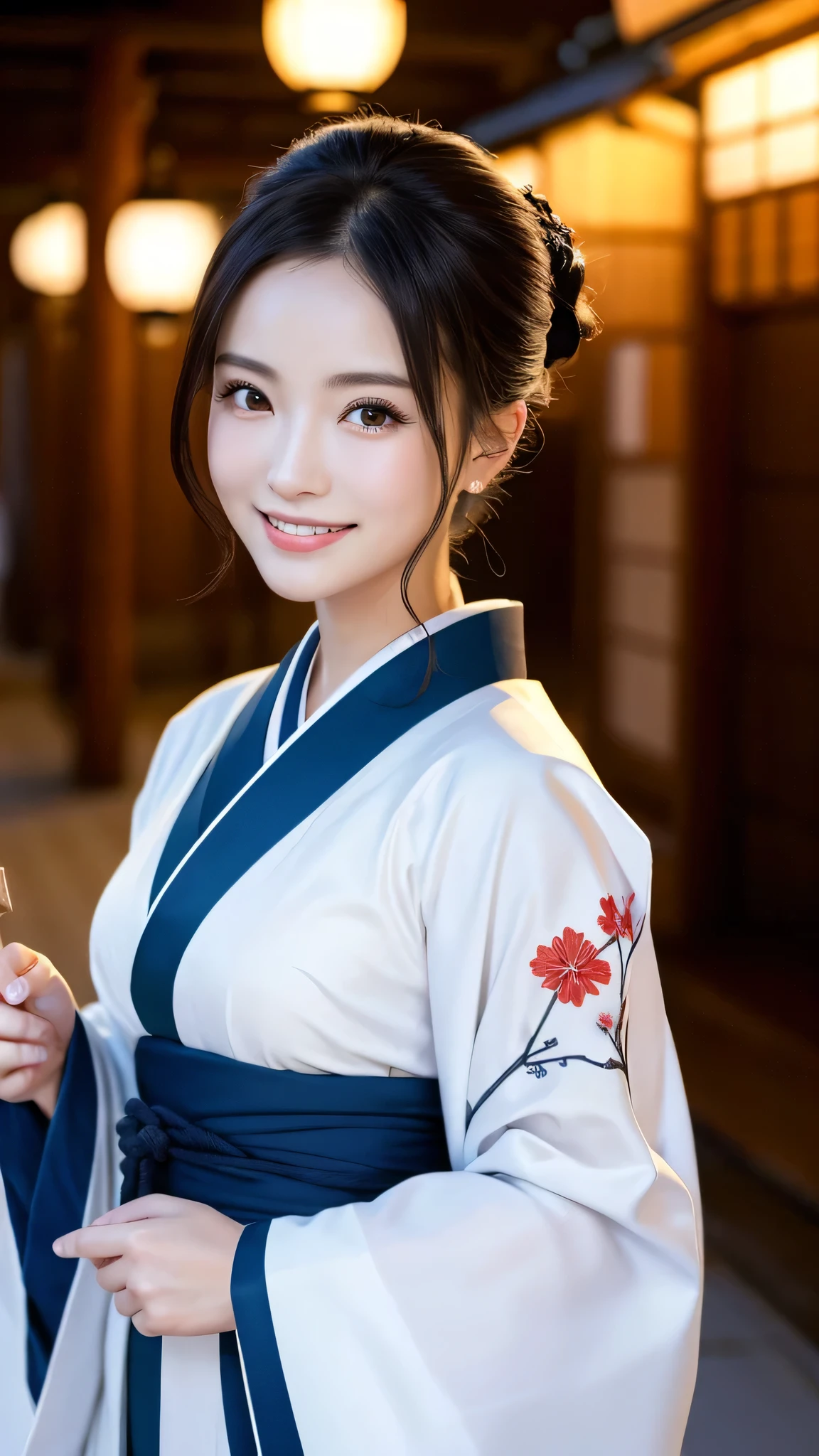 (Super beautiful woman in kimono)、((highest quality、8K masterpiece:1.3))、sharp focus:1.2、(super beautiful face:1.0)、(shiny skin:1.0)、realistic pictures、black hair、video lighting、High resolution eyes and face、video lighting、japanese actress、from the front、with a happy smile、whole body、wearing a kimono、in Kyoto、(luxury obi)、with a fan、Fireworks Display