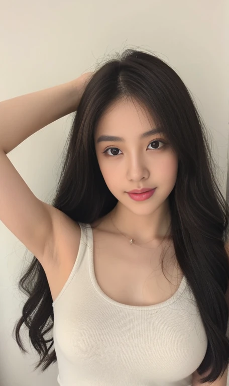 portrait, Woman, look at viewer, long hair, tank top,  white background