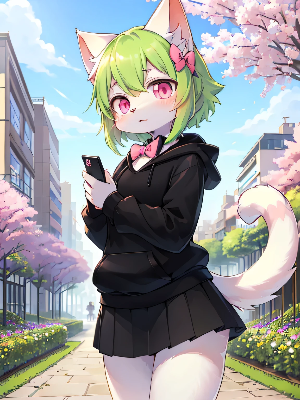 ((Kemono, solo, female, cat, lime hair, pink eyes, white fur color, wear black hoodie, wear black skirt, wear pink bow tie on neck, 1 tail, cat tail)), look at viewers, nervously, holding phone, standing, (flower garden background, city far away, tree, daytime), face focus, head focus, high detail
