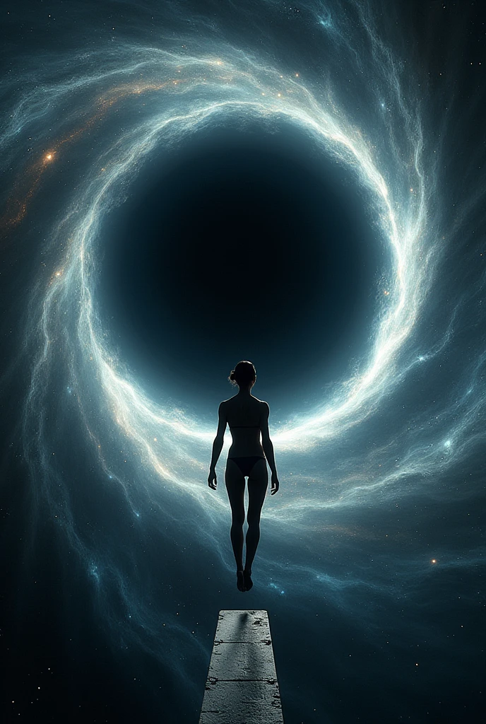 A beautiful athlete prepares to jump from a diving board into a black hole. Cosmos, figure detailing