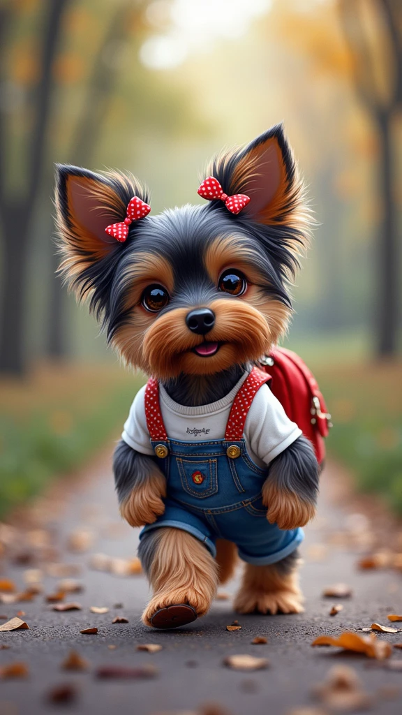 (photorealism:1.2), cute adorable Yorkshire Terrier puppy with a black-blue coat, lighter shades on face and paws. Her fur is long silky and smooth, wears two small red bows with white polka dots on her head, and a jeans salopette with white T-shirt and colorful backpack, walking on runway. The puppy has sparkling eyes and a cheerful, slightly open mouth
