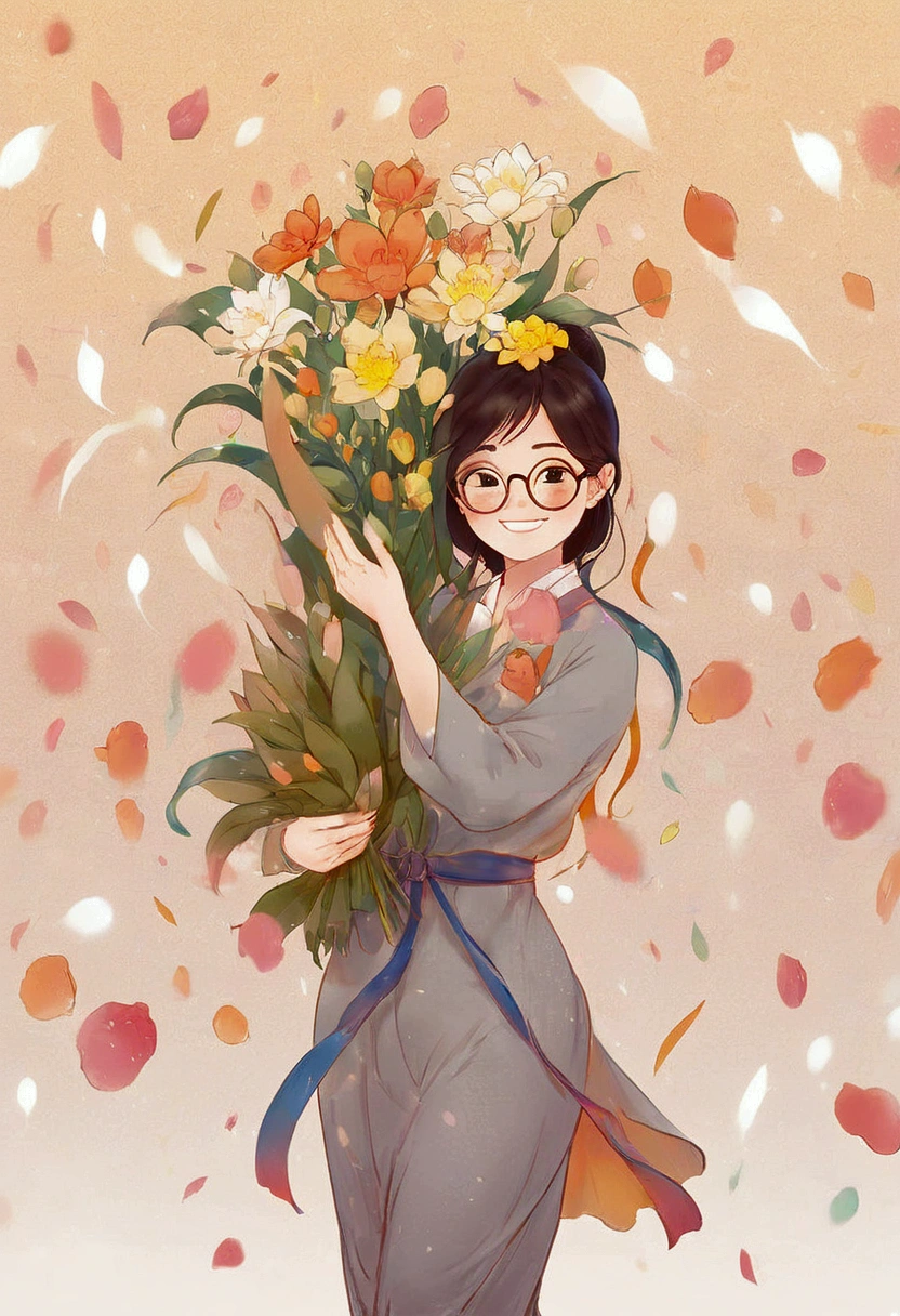 Asian illustration, a 30 year old female teacher, Holding a book and a bouquet of flowers in hand, glasses, smile, white background, clay, Matte, soft light, glowwave, simple,  blender, oc render, in by pop mart, blind box toy, hyper detail,