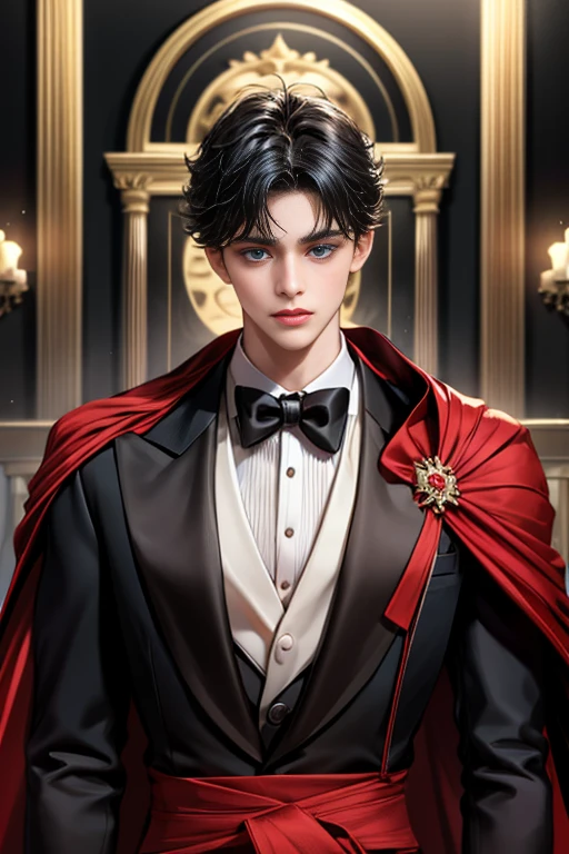 masterpiece, 最high quality, high quality, 1 boy, alone, Male focus, Upper Body,Watching the audience, Messy black hair, Adorable big blue eyes, White, Noble, Noble,A black and red cape that is bursting with sexy volume、Tuxedo、A very voluminous, large, very large, very large, long, long red and black cape with a high stand-up collar, made of a lot of fabric that reaches down to the floor., ,cute beautiful,Cute, cute, kind, handsome guy