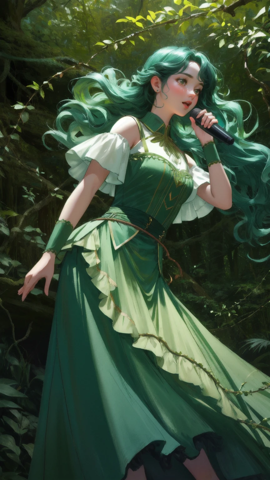 "A dynamic scene in a lush, vibrant forest setting with a wooden stage covered in leaves and vines. In the center, a spirited girl character is energetically holding a vintage-style microphone stand. She is animatedly expressing herself, with exaggerated movements that convey excitement and passion. Her hair is flowing, and she is dressed in a unique outfit that matches the whimsical forest theme. The background is green and filled with lush foliage, twisted branches, and hanging vines. A wooden speaker and scattered rocks add detail to the forest floor. The atmosphere is lively and surreal, with no text or signs present in the image