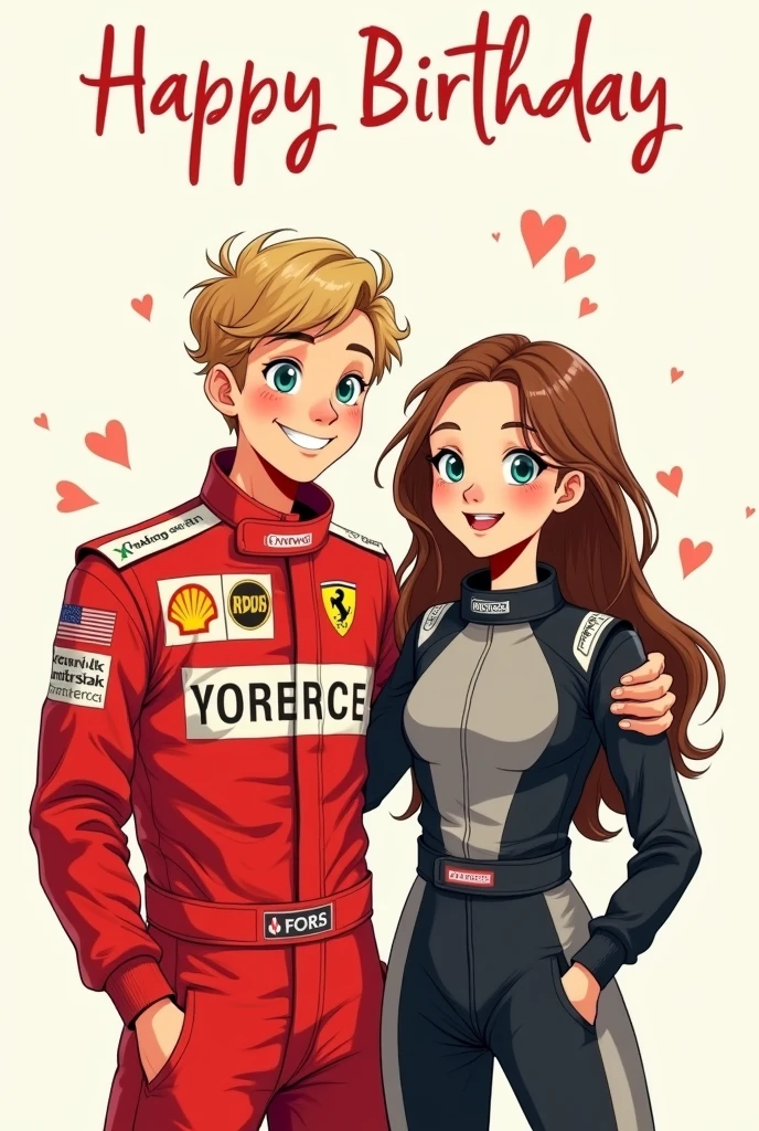 Cute drawing of a couple of Formula 1 drivers, he blonde with blue eyes in red and she light brown hair and white skin and brown eyes in black and gray. For a happy birthday card