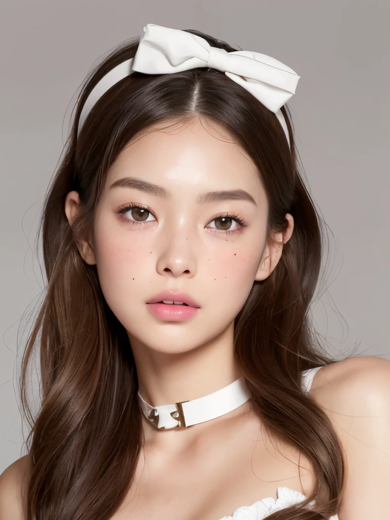 Kim Jennie with white brown hair, with curlers at the ends, with two bows on each side of the hair, all her white hair brown, with a star clip in her white brown hair, light colored eyes, beautiful eyes, crying eyes, beautiful, splash your nose, watery nose, beautifuls labios, pink lips, heart and cupid shaped lip, beautiful skin, pale, White skin, with moles and freckles all over his face, soft pink blush on cheeks, natural pink blush, soft pink makeup, Jennie, Nice neck, marked collar, frown, tender look, while having a  abdomen, showing her navel and her slender waist, Delgado, marked and beautiful, mientras está con un top marrón de tirantes (, soft , beautifuls pechos), sentada, con ropa interior de corazónes, con con un top marrón de tirantes, sentada mostrando su abdomen, looking to the camera