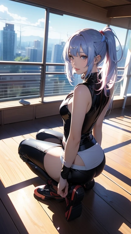 (original character, unity 16k wallpaper, masterpiece, Highest quality, Very detailed, Very detailedCG, Caustics, Cinema Lighting, Beautiful attention to detail, alone, Sexy Woman), Expressive eyes, Perfect Face, A picture of a girl with a ponytail sitting on her legs, Beautiful anime girl crouching, (View from behind:1.3), (View from below:1.2), Enchanting anime girl, Style Anime, Naughty Style, Naughty anime style, Anime art style, Anime girl crouching, Pigtail, thick, Beautiful and detailed anime art, In anime style, Cute art style, Anime art style, beautiful Anime art style