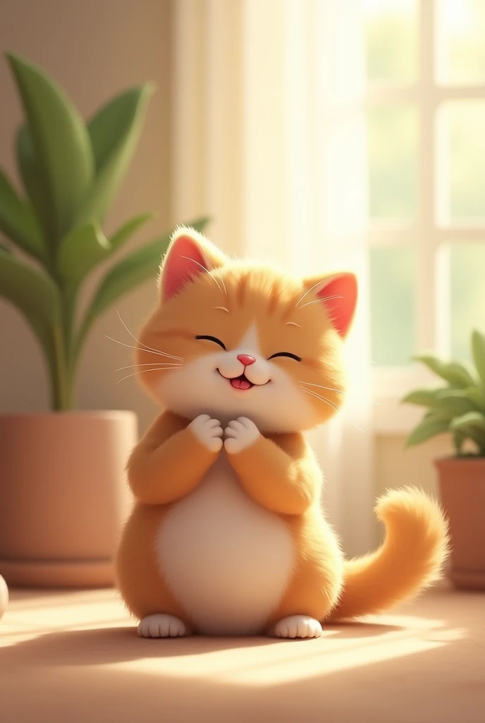 A friendly bright environment. In the middle sits a small kitten with a big belly and licks its paw contentedly 