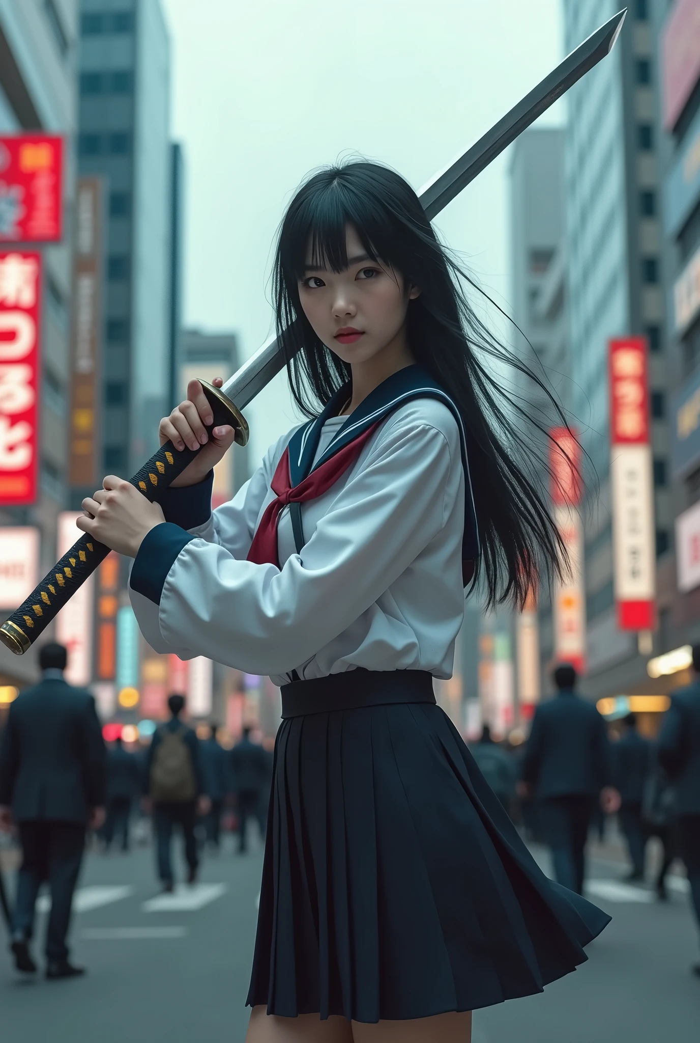 High school girl holding a Japan sword、Shibuya、Cloudy、Black Hair、Shortcuts、Japanese、Real、photograph、