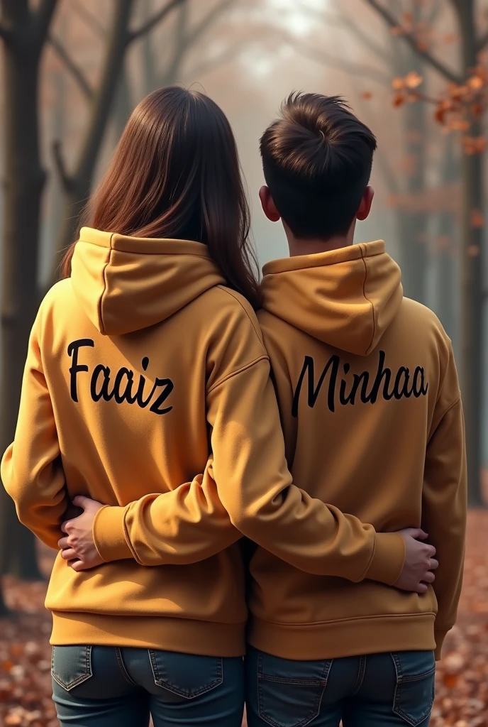 A  wallpaper for couples whering hoodie  on wich name is written on back of hoodie  faaiz and Minhaa
(And pov of couple  is from back) More