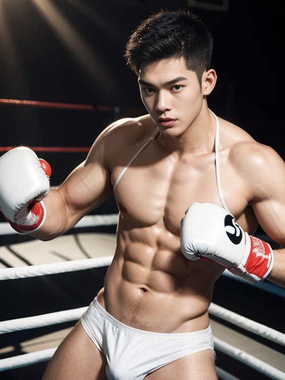 Create a realistic k photo of a Thai male teer, handsome, strong, well-proportioned, with a six-pack, and tanned skin.((( Wear a white bikini)))),crotch tung,Put on boxing gloves and stand on the boxing ring.