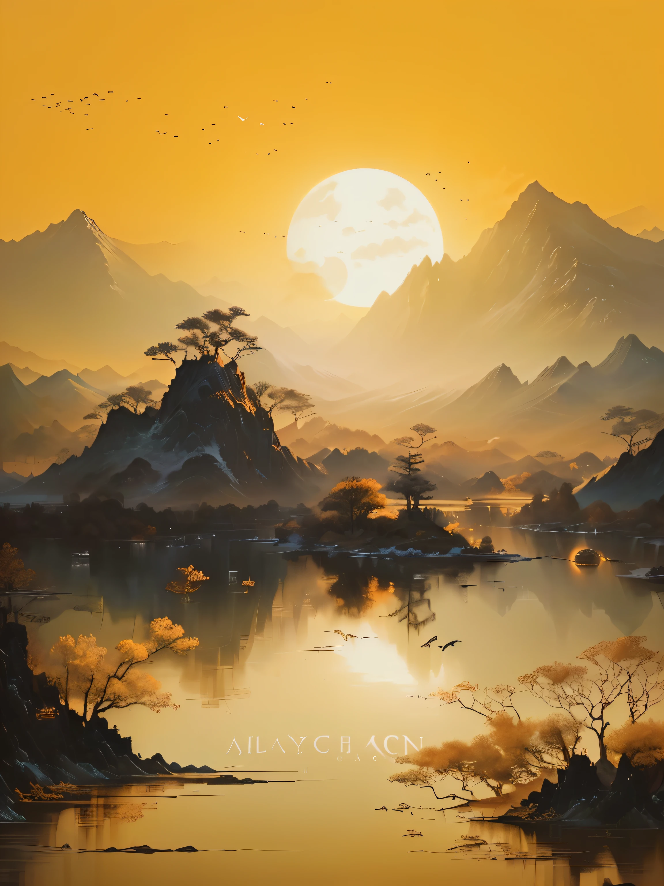 A painting depicting the moon and flying birds over a lake, Landscape Artwork, Ink art style, Beautiful art UHD 4K, 4k highly detailed digital art, 4k highly detailed art, Chinese painting style, Highly detailed digital artwork, Landscape Art Detail, 4k HD matte digital, Gangnam scenery