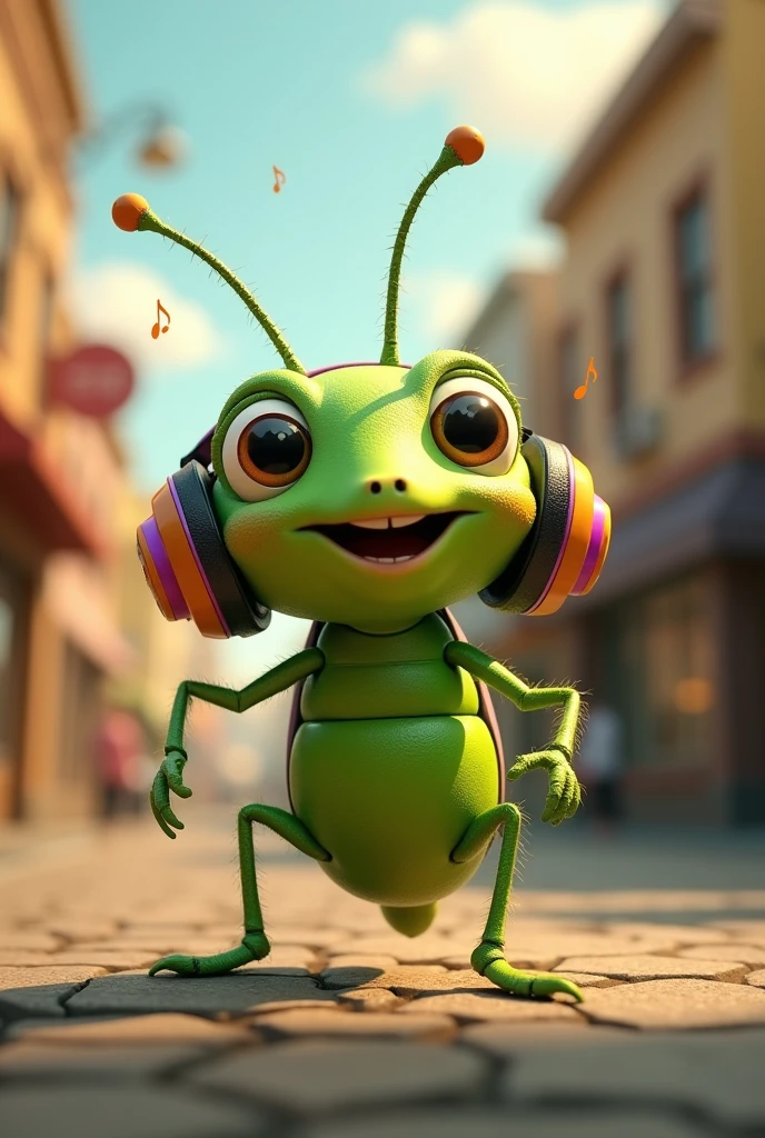 gree Bug listen music use head phone and happy feeling . Music and town background