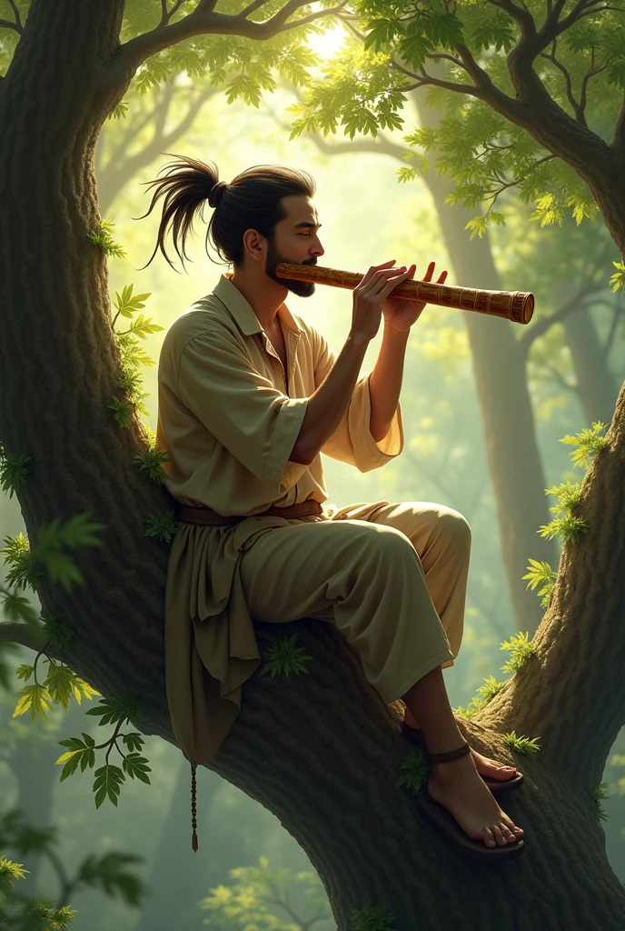 A MAN WITH FLUTE IN FOREST ON THE TOP OF TREE