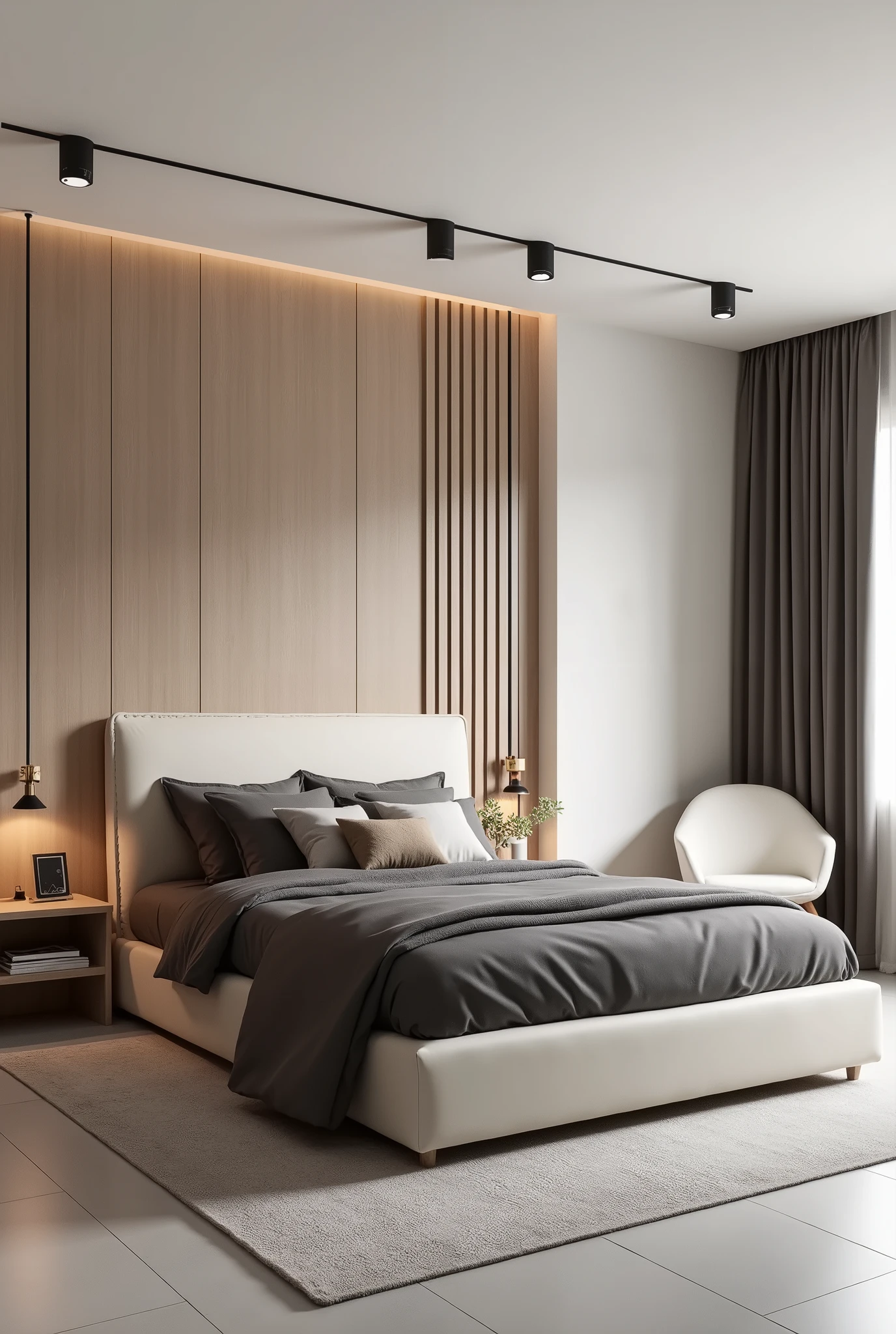 A double bedroom in a contemporary and sophisticated style, with a neutral and light color palette, focusing on beige tones, gray and soft brown. The bed is the central point, with a high, straight headboard, upholstered in a light beige fabric. The bed is covered in dark and light gray bedding., with decorative pillows that complement the neutral palette. The floor is made of light gray porcelain., providing a subtle contrast to the light grey rug under the bed. The walls are smooth, painted in a light beige tone, with wood panels behind the bed that add texture to the room. Furniture: Beside the bed, there is a simple bedside table in light wood, no drawers, accompanied by a minimalist design lamp. on the other side, there is a chair upholstered in white fabric next to a small side table, also made of light wood, that serves as a work or reading space. Lighting: The lighting is modern, with light tracks embedded in the ceiling, that provide a soft and homogeneous light to the environment. The room is lit mainly by natural light coming in through a window not visible in the image., providing a calm and welcoming atmosphere. detaileds: The décor is minimalist, without exaggerated ornaments, focusing on the harmony of shapes and colors. The design is thought to create a relaxing space, where each element contributes to a cohesive and tranquil look.