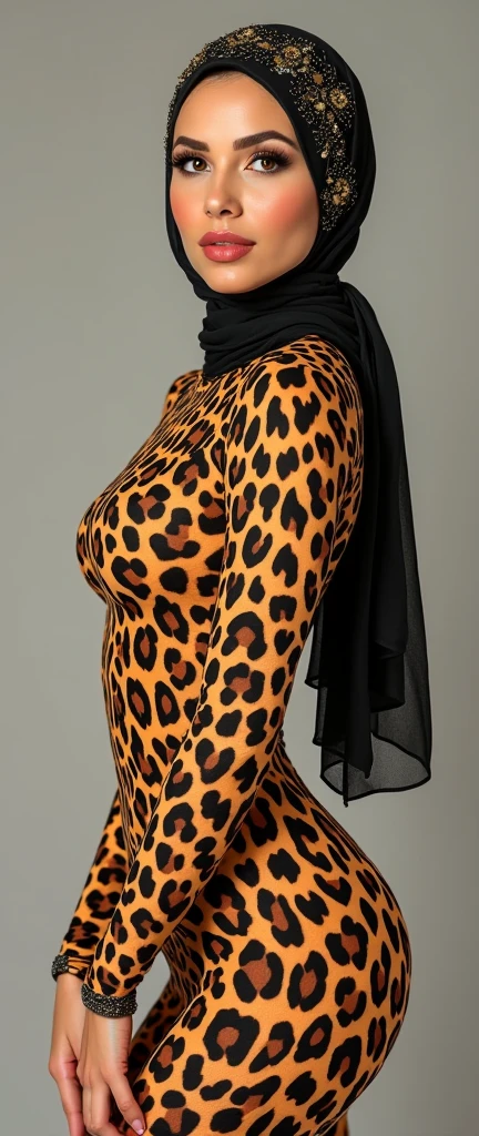 The beautiful Muslim adult girl with beautiful cheeks wears cheetah print full lycra dancewear turtleneck unitard catsuit.She always wear cheetah print lycra full hijab сovered with many spots.