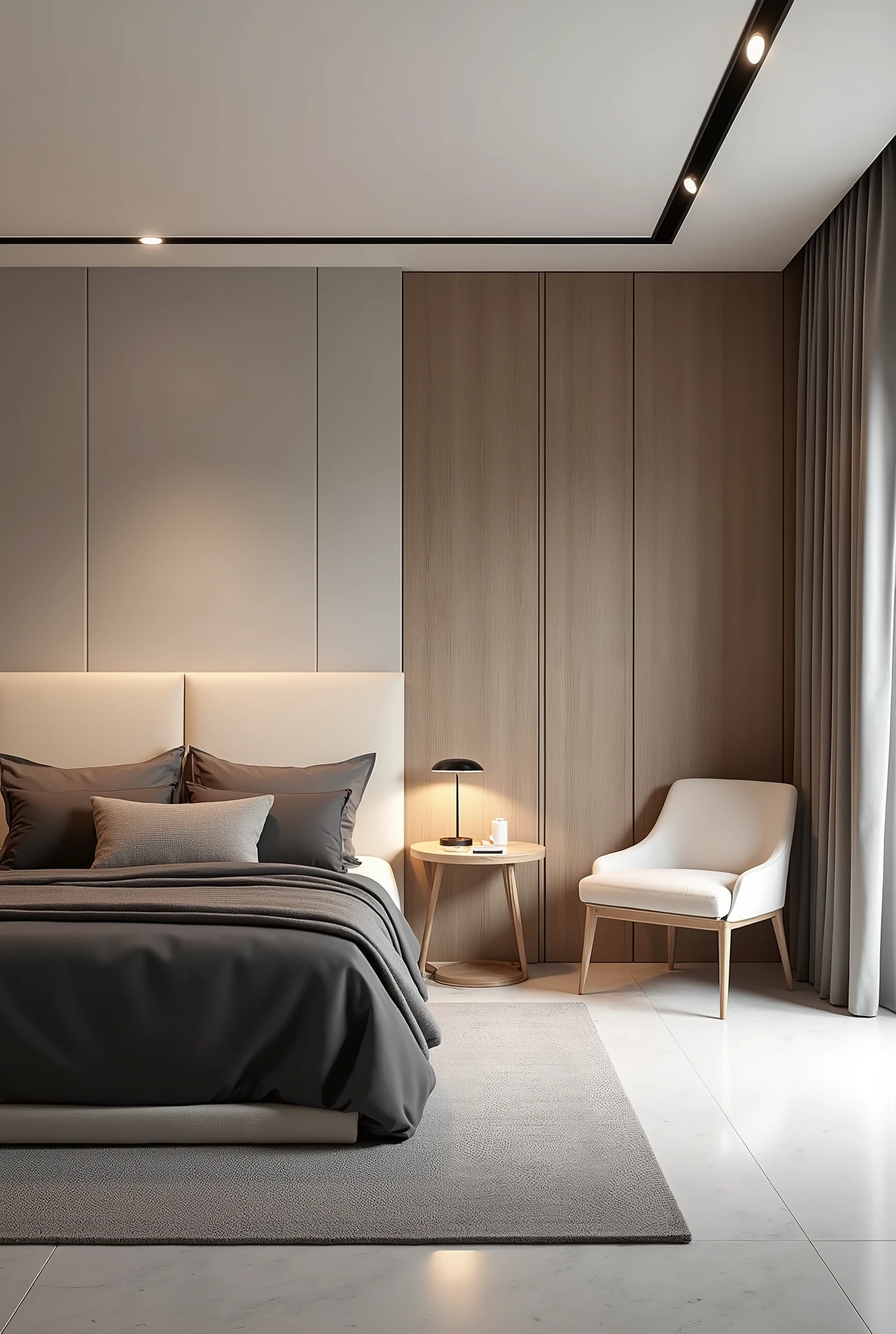 A double bedroom in a contemporary and sophisticated style, with a neutral and light color palette, focusing on beige tones, gray and soft brown. The bed is the central point, with a high, straight headboard, upholstered in a light beige fabric. The bed is covered in dark and light gray bedding., with decorative pillows that complement the neutral palette. The floor is made of light gray porcelain., providing a subtle contrast to the light grey rug under the bed. The walls are smooth, painted in a light beige tone, with wood panels behind the bed that add texture to the room. Furniture: Beside the bed, there is a simple bedside table in light wood, no drawers, accompanied by a minimalist design lamp. on the other side, there is a chair upholstered in white fabric next to a small side table, also made of light wood, that serves as a work or reading space. Lighting: The lighting is modern, with light tracks embedded in the ceiling, that provide a soft and homogeneous light to the environment. The room is lit mainly by natural light coming in through a window not visible in the image., providing a calm and welcoming atmosphere. detaileds: The décor is minimalist, without exaggerated ornaments, focusing on the harmony of shapes and colors. The design is thought to create a relaxing space, where each element contributes to a cohesive and tranquil look.