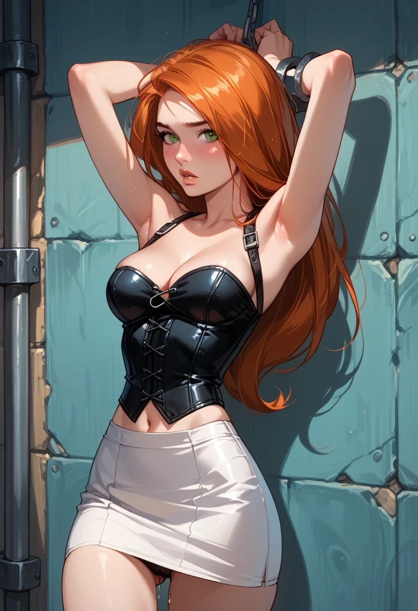 kim possible, detailed eyes, high detailing, narrow waist, 1girl, wearing (tight white skirt:1.2) and (cropped black corset:1.4), (sexy black panties:1.1), midriff, navel, small perky breasts, cleavage, shy, blush, on wall, hands bound, bound arms, hands behind head, arms up, thigh, pussy juice, (bondage, shackles)