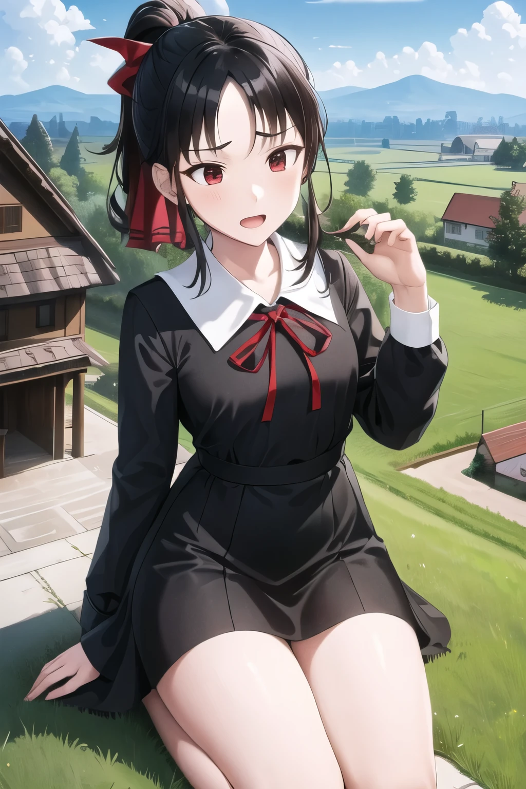 giantess looming over a single house in a field, kneeling, partially obscured, kneeling over a house in a field, one leg obscured, 1leg, tower between her legs, destroying a building, destruction, debris, crushing a building, tiny building between her legs
one house, spread legs:1.5, legs spread:1.5, giantess in a field with a house, cowgirl position:2
house obscuring view,
Forests, flowers, lakes, blue sky, white clouds, cutebuild style masterpiece, best quality, highres, aakaguya, short hair, black hair, folded ponytail, hair ribbon, parted bangs, red ribbon, white collar, neck ribbon, black dress, black shirt, long sleeves, black sleeves, open mouth, embarrassed, shy, small breasts, small butt, GTS, giantess, 1girl, solo, (Kneeling on top of a building), partially obscured, countryside, nature, rural, grass, mountains in the background, daytime, outdoors, partially obscured:3, looking down, fence in the foreground, building between legs, trees,
BREAK (16k, highres, high quality, masterpiece, ultra detailed, perfect lighting:1.1), , detailed red eyes, perfect red eyes, looking down,
masterpiece, best quality, 1girl, solo,
destruction, rampage, debris, rubble,