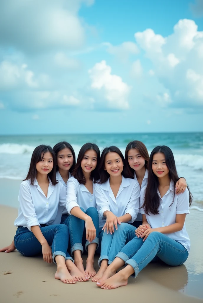 professional photography there are 8 beautiful Indonesian women, who wears a white shirt , jeans, in tune sitting , with the background on the beach with the attractive lapping of the waves and bright blue clouds. fullHD, ultrahd+ ,  Earth&#39;s atmosphere,realistic, looks authentic, dramatic scene, must be detailed