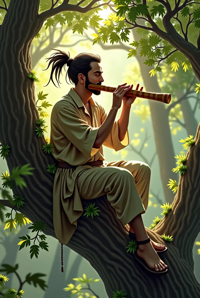 A MAN WITH FLUTE IN FOREST ON THE TOP OF TREE