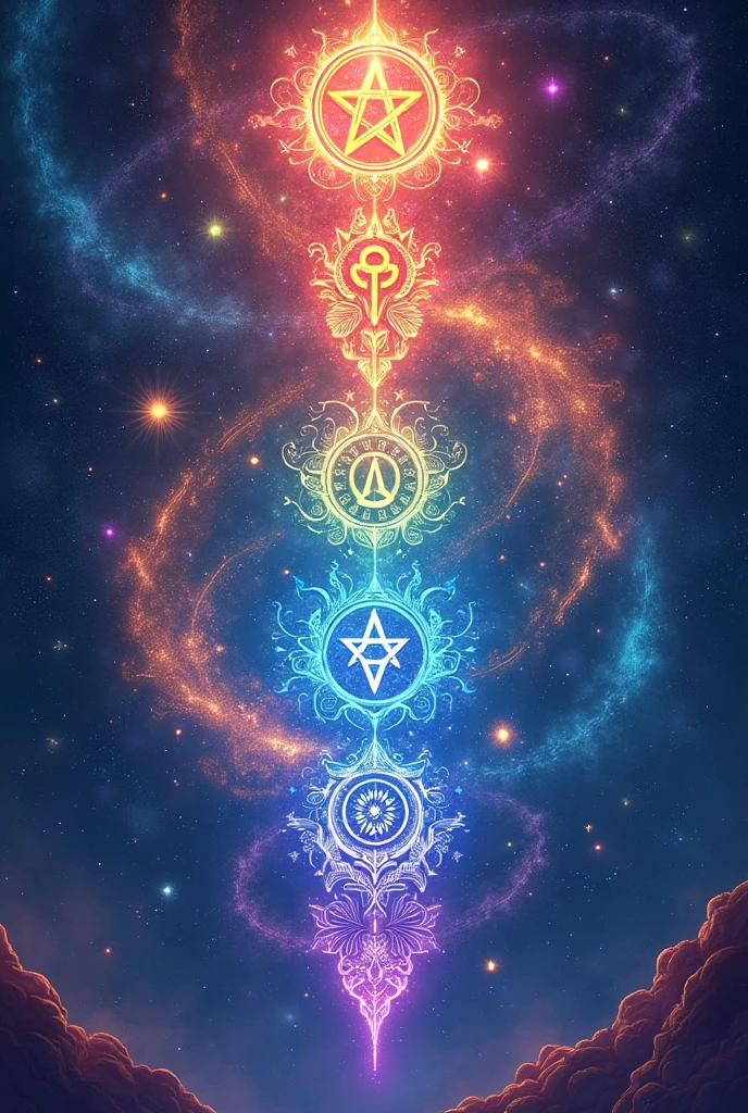 ((Best Quality)), ((masterpiece)), ((detailed)), ((High Definition)), Magical runes of various colors in anime style, magical aura, cosmic body. 