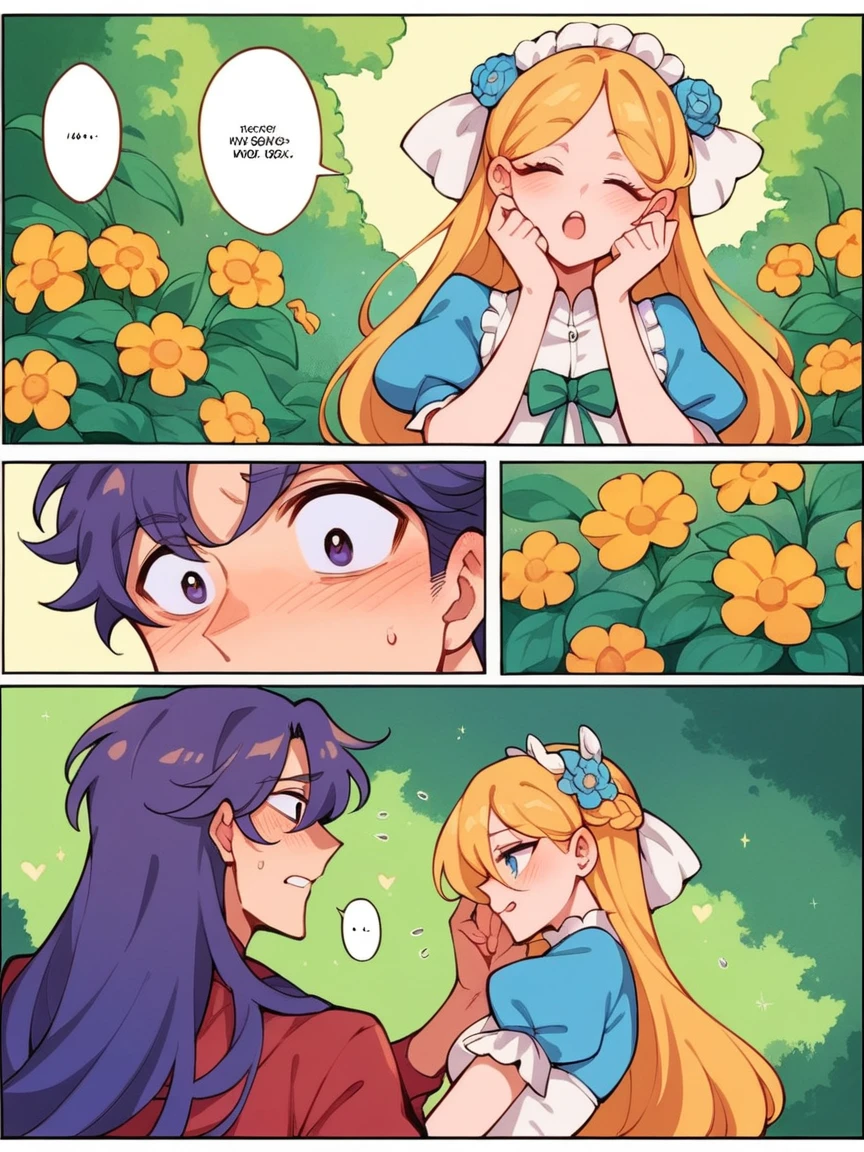 score_9, score_8_up, score_7_up, score_6_up, p4n3ls, 1girl, 1boy, flowers, long hair, panels, (8k, best quality, master piece: 1.2),super high resolution,A page of a soft pastel colored comic book divided into frames、Romeo and Juliet、A princess falls in love with a prince、speech bubble、Powerful girl manga style