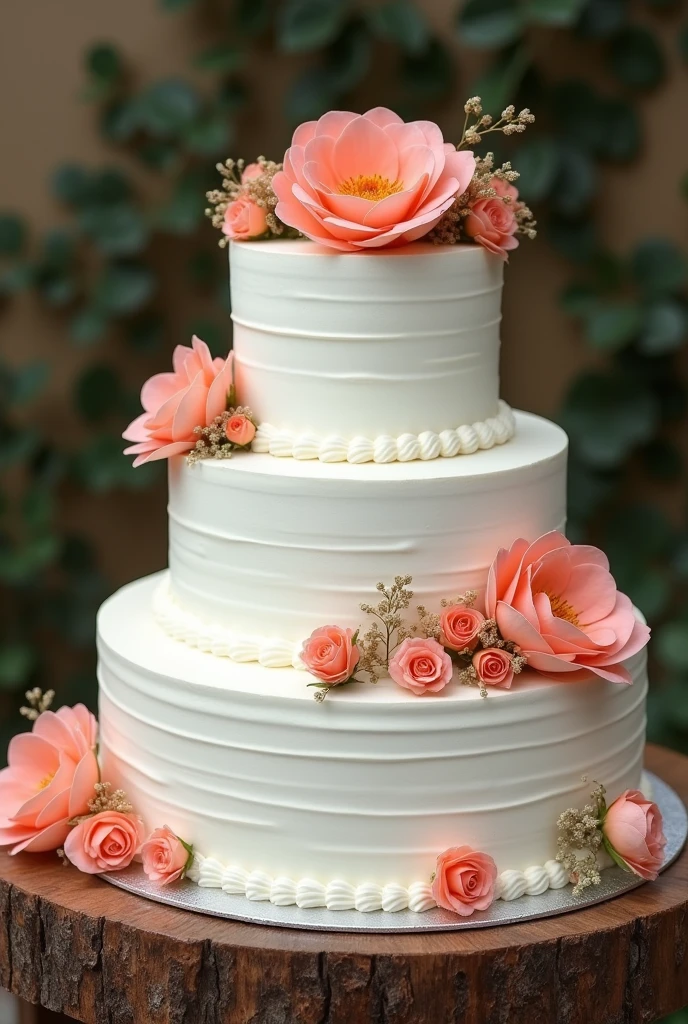 white 3-tier wedding cake with several salmon-colored flowers on a wooden table