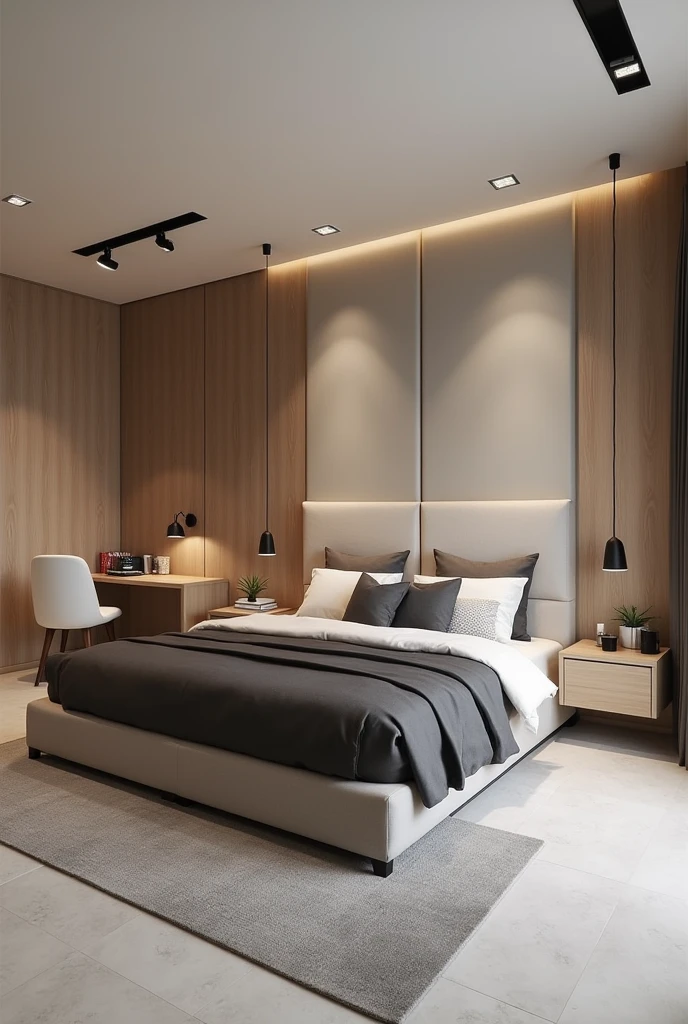 A double bedroom in a contemporary and sophisticated style, with a neutral and light color palette, focusing on beige tones, gray and soft brown. The bed is the central point, with a high, straight headboard, upholstered in a light beige fabric. The bed is covered in dark and light gray bedding., with decorative pillows that complement the neutral palette. The floor is made of light gray porcelain., providing a subtle contrast to the light grey rug under the bed. The walls are smooth, painted in a light beige tone, with wood panels behind the bed that add texture to the room. Furniture: Beside the bed, there is a simple bedside table in light wood, no drawers, accompanied by a minimalist design lamp. on the other side, there is a chair upholstered in white fabric next to a small side table, also made of light wood, that serves as a work or reading space. Lighting: The lighting is modern, with light tracks embedded in the ceiling, that provide a soft and homogeneous light to the environment. The room is lit mainly by natural light coming in through a window not visible in the image., providing a calm and welcoming atmosphere. detaileds: The décor is minimalist, without exaggerated ornaments, focusing on the harmony of shapes and colors. The design is thought to create a relaxing space, where each element contributes to a cohesive and tranquil look.