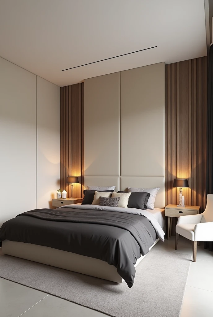 A double bedroom in a contemporary and sophisticated style, with a neutral and light color palette, focusing on beige tones, gray and soft brown. The bed is the central point, with a high, straight headboard, upholstered in a light beige fabric. The bed is covered in dark and light gray bedding., with decorative pillows that complement the neutral palette. The floor is made of light gray porcelain., providing a subtle contrast to the light grey rug under the bed. The walls are smooth, painted in a light beige tone, with wood panels behind the bed that add texture to the room. Furniture: Beside the bed, there is a simple bedside table in light wood, no drawers, accompanied by a minimalist design lamp. on the other side, there is a chair upholstered in white fabric next to a small side table, also made of light wood, that serves as a work or reading space. Lighting: The lighting is modern, with light tracks embedded in the ceiling, that provide a soft and homogeneous light to the environment. The room is lit mainly by natural light coming in through a window not visible in the image., providing a calm and welcoming atmosphere. detaileds: The décor is minimalist, without exaggerated ornaments, focusing on the harmony of shapes and colors. The design is thought to create a relaxing space, where each element contributes to a cohesive and tranquil look.