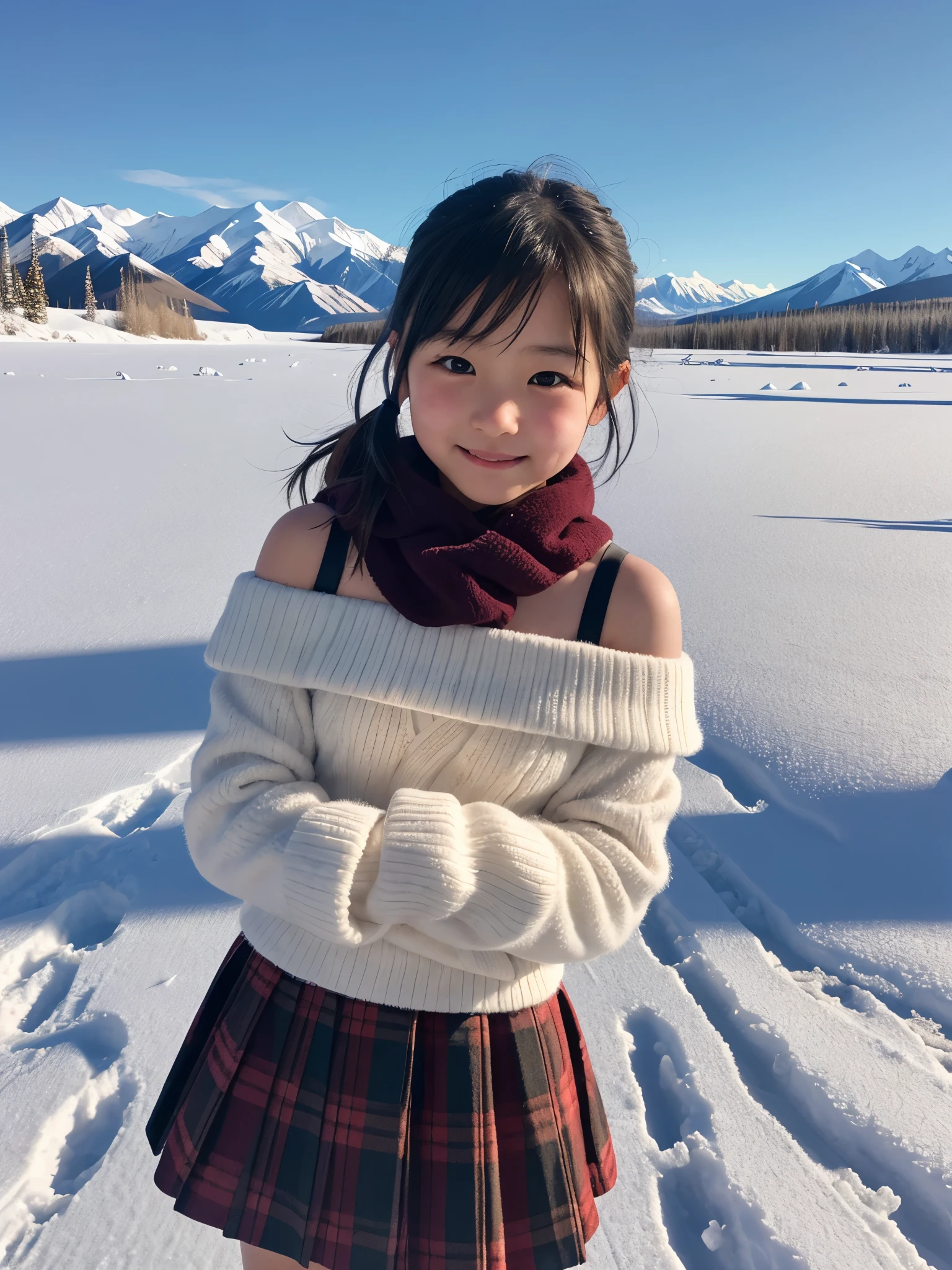 Japanese elementary school girl, off-shoulder, sweet expression, winter, Kluane National Park, Canada, snowy field