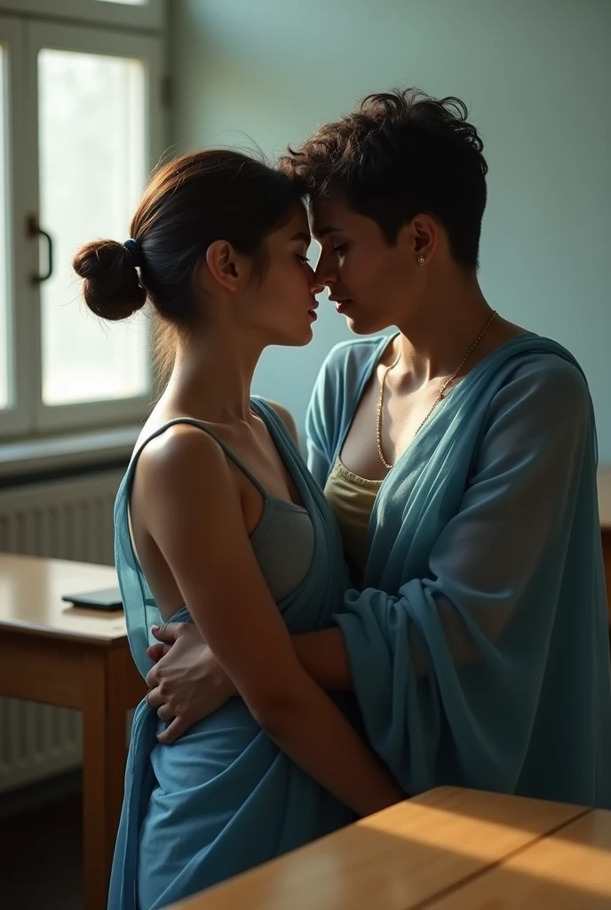 ultra real image , young boy and teacher in school, romancing in the class table. the girl is wearing plain blue sheer transparent simple sari, boy is pressing her breast with his hand, she is not wearing bra, boy is wearing uniform, young boy is hugging from behind nsfw ((nsfw 1:5))