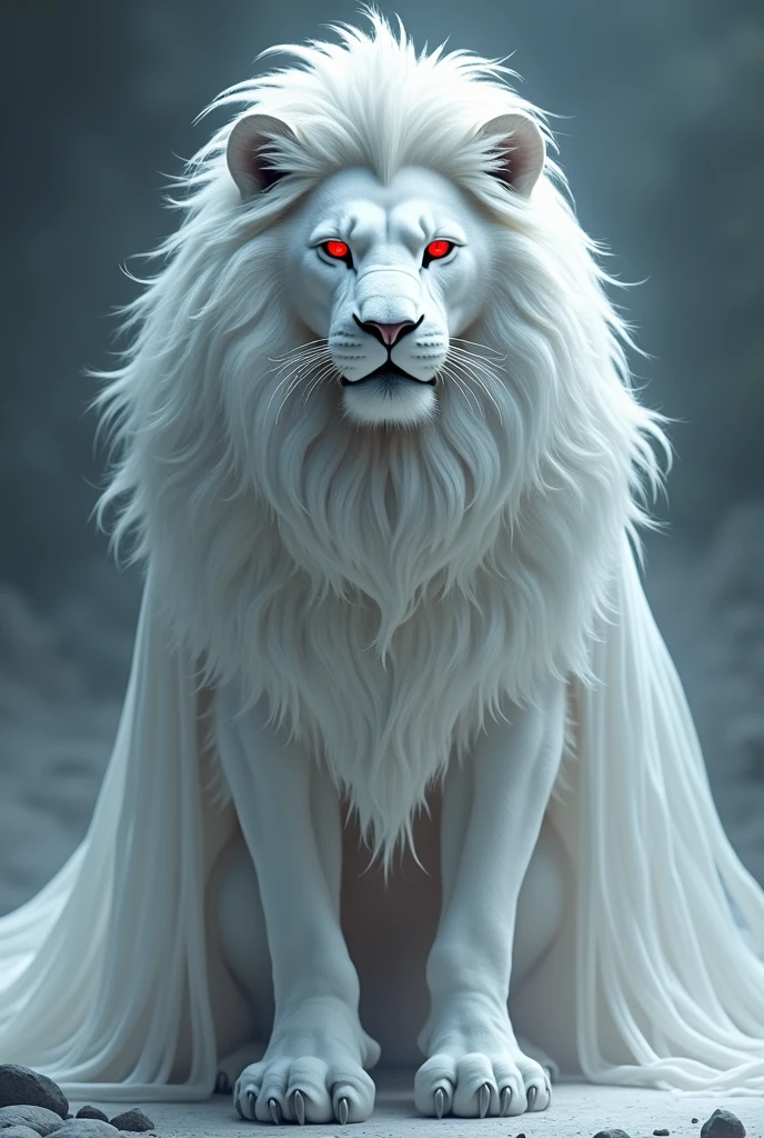 Make a lion with white costum and red eyes with long hair 
