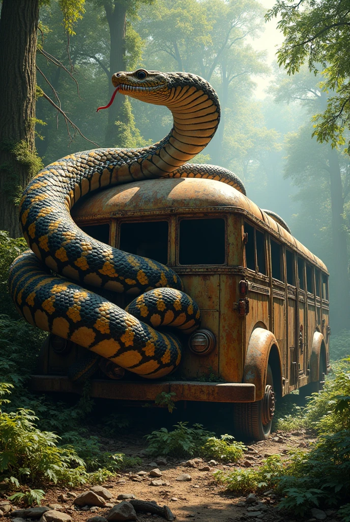 Giant striped snake wrapped around bus carcass in the middle of the forest