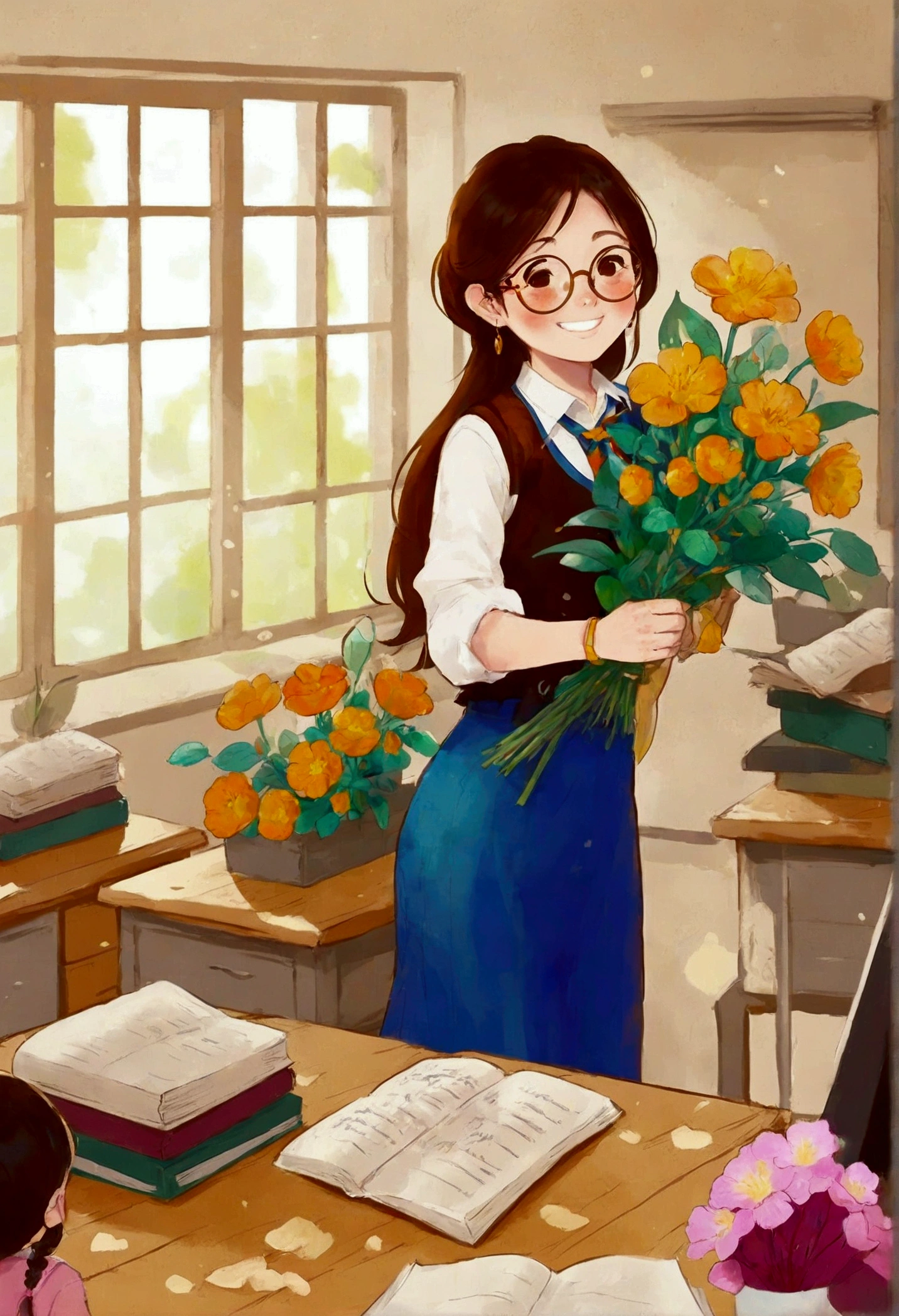 The classroom is filled with sunshine in the afternoon, A teacher wearing glasses happily holds flowers sent by students, warm tone, teacher's character design