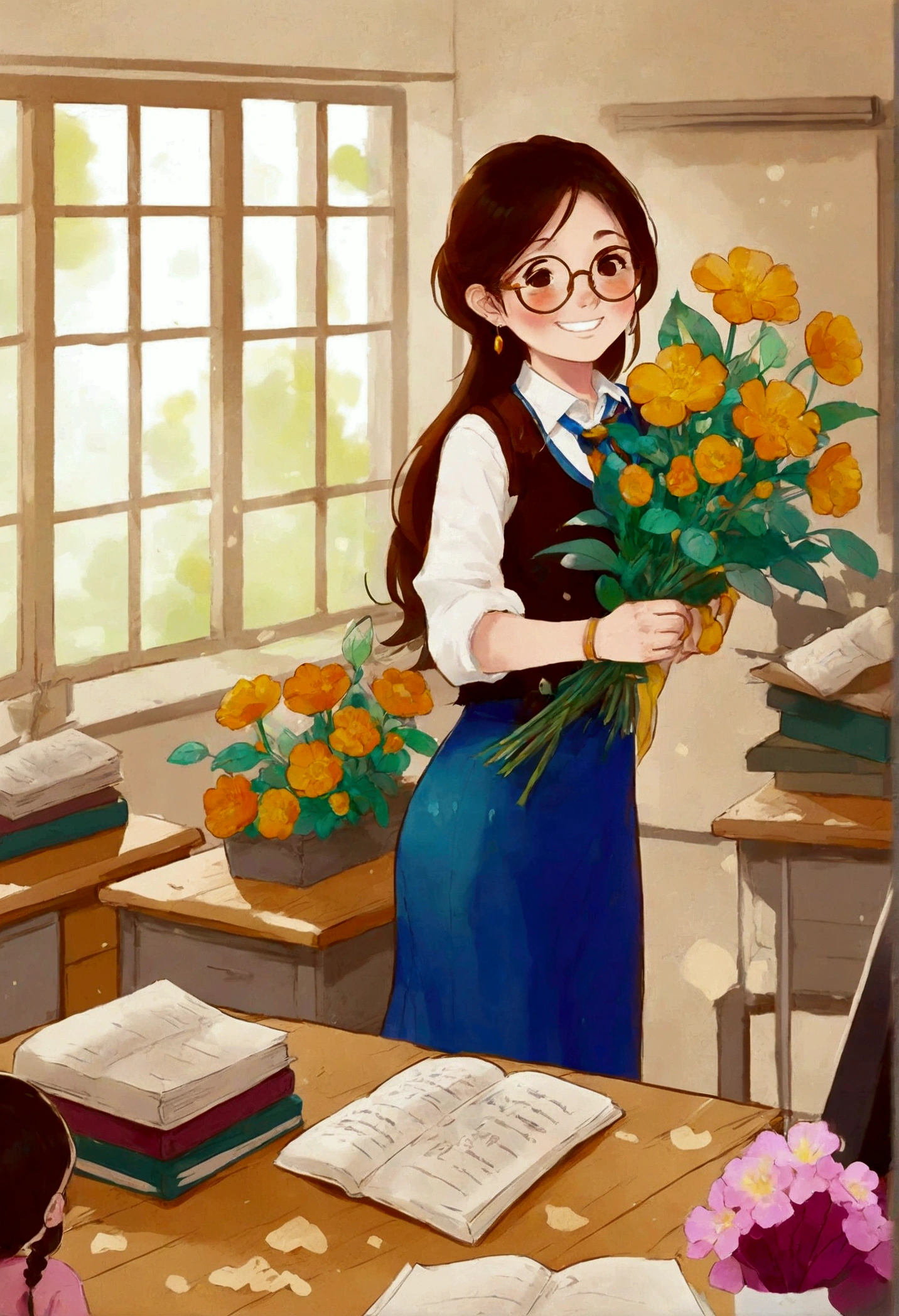 The classroom is filled with sunshine in the afternoon, A teacher wearing glasses happily holds flowers sent by students, warm tone, teacher's character design