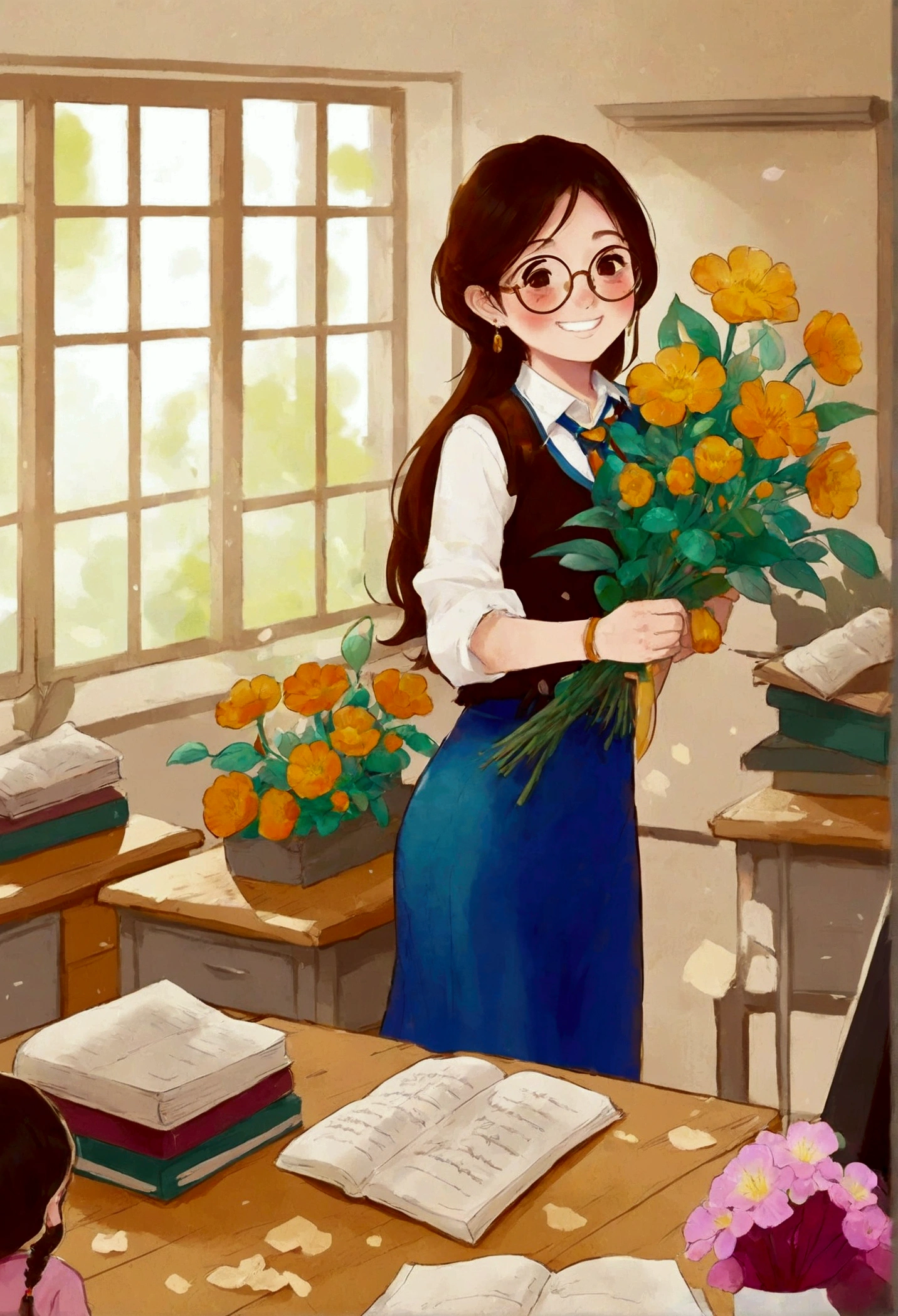 The classroom is filled with sunshine in the afternoon, A teacher wearing glasses happily holds flowers sent by students, warm tone, teacher's character design