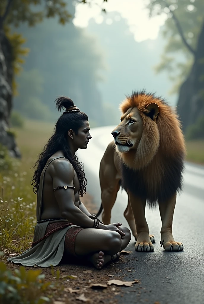Mahadev is sitting next to the lion on the roadside