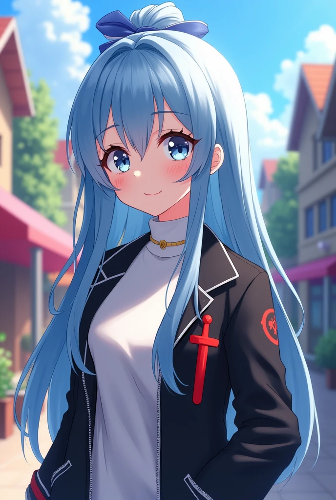An 16 y/o anime girl with light blue long hair black jacket white under turtleneck and an red Sword logo on her jacket and a blue bow on her back on a town at Day time