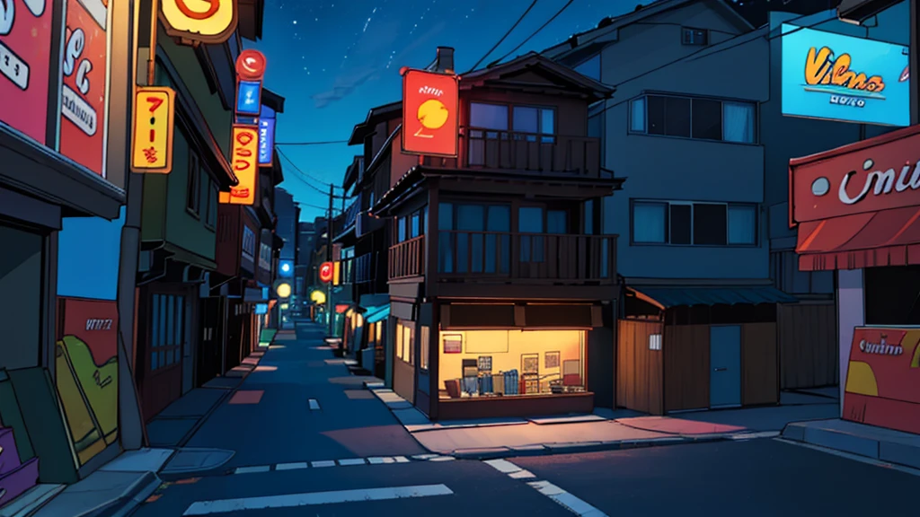 neighborhood, at night, Hip Level camera shot view, no humans, no persons, comics style