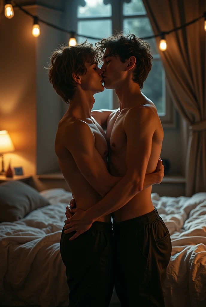Create an image where Harry Potter and Draco Malfoy are kissing and Draco is shirtless and is taking Harry's shirt off while they are kissing and they are lying together in a Hogwarts dormitory.