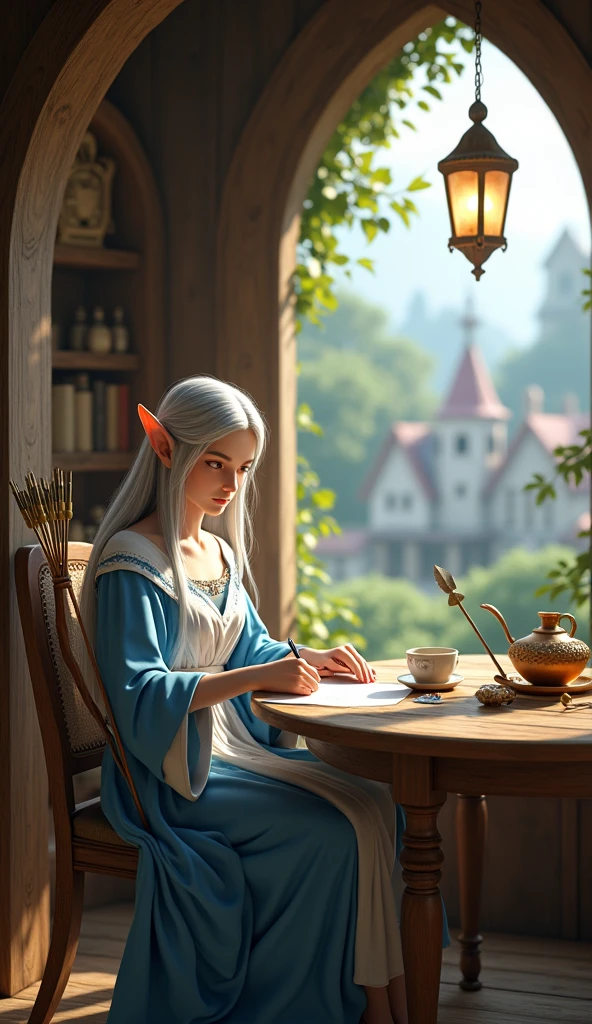 Full-body portrait. A beautiful silver-haired elven woman. who is carrying a bow and arrow in blue and white clothes. is sitting at a wooden dining table. Writing a letter on paper and pen. Beside her is a wooden cup. The background of a simple house full of shiny brown wood in an elven village. The background of the house is a beautiful fairy village. This scene is a very detailed and professional 3D digital art. Masterpiece
