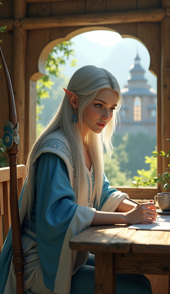 Full-body portrait. A beautiful silver-haired elven woman. who is carrying a bow and arrow in blue and white clothes. is sitting at a wooden dining table. Writing a letter on paper and pen. Beside her is a wooden cup. The background of a simple house full of shiny brown wood in an elven village. The background of the house is a beautiful fairy village. This scene is a very detailed and professional 3D digital art. Masterpiece